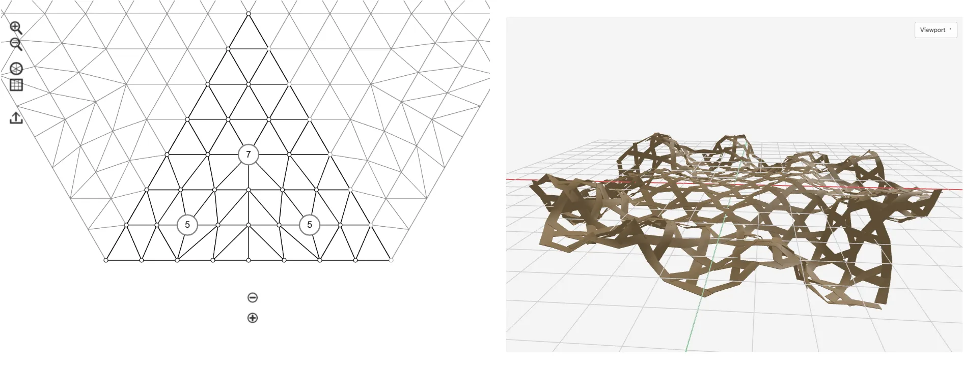 The weaving tool interface: the flat two-dimensional weave surface with valence values on the left, and the generated three-dimensional form on the right